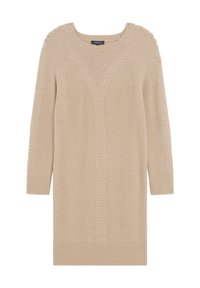 Abito maglione in beige chiaro, con un motivo a treccia lungo il corpo, polsini a costine e scollatura rotonda. Tessuto morbido.