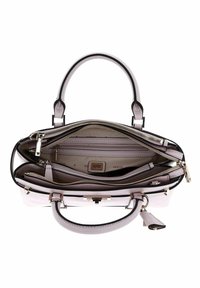 Borsa a mano di colore viola chiaro con scomparti multipli, hardware argentato, esterno in pelle liscia e bordo nero a contrasto.