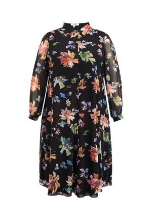 Sort langærmet kjole med knapper, flerfarvet blomsterprint, krave og samlede manchetter.