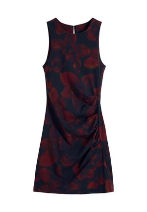 Vestido sin mangas de color azul oscuro con un estampado floral en rojo y burdeos. Cuenta con fruncidos en el costado y una apertura en forma de llave en la parte posterior.
