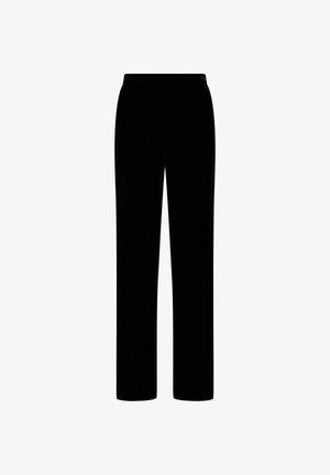 Pantaloni neri a gamba dritta con elastico in vita, texture liscia, mostrati su sfondo bianco.