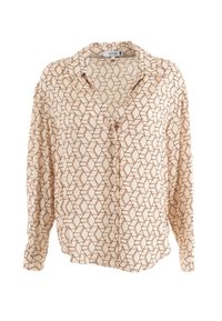 Camisa de manga larga con botones en un tono beige claro, con un patrón geométrico marrón. Cuenta con un cuello y un corte relajado. Textura de tela suave.