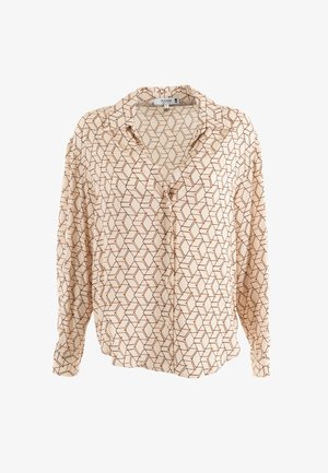 Chemise à manches longues boutonnée en beige clair avec un motif géométrique marron. Dotée d'un col et d'une coupe décontractée. Texture du tissu douce.