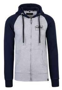 Grijze en marineblauwe zip-up hoodie met een trekkoordkap, voorzakken, ribgebreide manchetten en een logo op de borst gedrukt. Gemaakt van een zachte katoenmix.