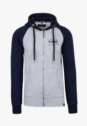 Grijze en marineblauwe zip-up hoodie met een trekkoordkap, voorzakken, ribgebreide manchetten en een logo op de borst gedrukt. Gemaakt van een zachte katoenmix.