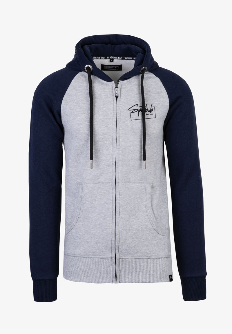 Gray and navy zip-up hoodie with a drawstring hood, front pockets, ribbed cuffs, and a logo printed on the chest. Soft cotton blend material.