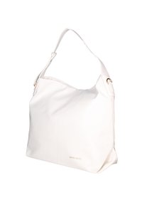 Borsa hobo in pelle bianca con una sola tracolla regolabile, texture liscia, dettagli delle cuciture sottili e logo impressa vicino al fondo.