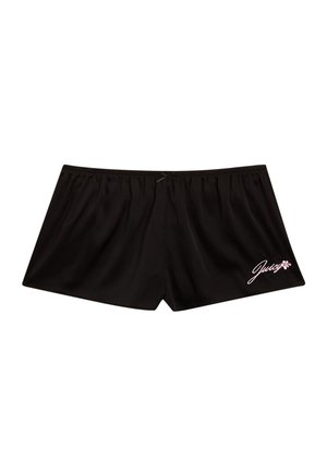 Shorts en satin noir avec une taille élastique et une coupe décontractée. Présente un logo "Juicy" rose avec des accents floraux en bas à droite.
