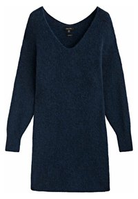 Robe pull tricotée bleu marine avec un décolleté en V profond, des manches longues et une finition douce et texturée. Conception simple et ample.
