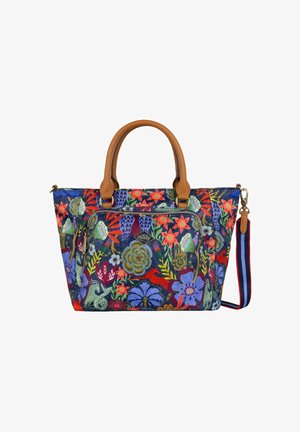 Sac en toile avec des poignées en cuir marron et une sangle réglable, présentant de vives motifs floraux en rouge, bleu et vert sur fond marine.