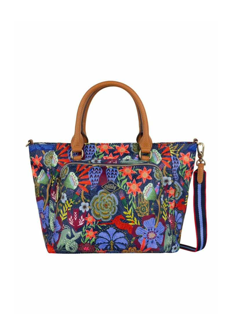 Sac en toile avec des poignées en cuir marron et une sangle réglable, présentant de vives motifs floraux en rouge, bleu et vert sur fond marine.