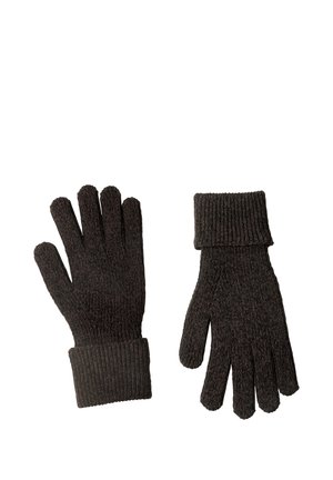 Paire de gants d'hiver tricotés gris foncé avec poignets côtelés, un avec la paume vers le bas et l'autre avec la paume vers le haut.
