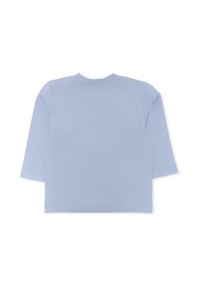 T-shirt a maniche lunghe di colore azzurro, realizzato in morbido cotone. Presenta un collo rotondo e un design semplice, con bordi rifiniti su maniche e orlo.