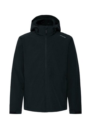 Veste softshell noire à capuche avec fermeture éclair frontale et poignets réglables à Velcro, logo de marque sur l'épaule droite.