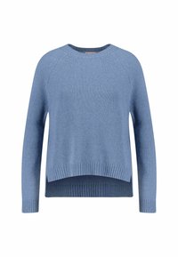 Helles, blaugraues Sweatshirt mit langen Ärmeln, rundem Ausschnitt und geripptem Saum. Das Design zeichnet sich durch eine leicht verkürzte Silhouette und strukturierter Stoff aus.