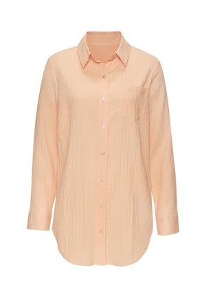 Hellpfirsichfarbenes, langärmeliges Hemd mit Knöpfen, Kragen und Brusttasche, das ein dezentes vertikales Strukturmuster aufweist.