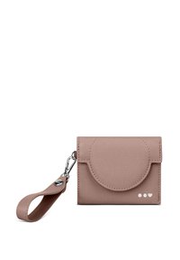 Pink textured leather wallet with a rounded flap, a wrist strap, and three decorative dots. Features a silver clip and a metal logo accent.