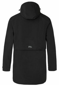 Čierna nepremokavá bunda, dlhý strih, nastaviteľná kapucňa, zipsom uzatvárané vetracie detaily a horské logo na chrbte. Hladká, matná textura.