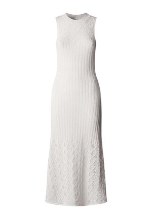 Abito midi bianco senza maniche in maglia con texture a coste nella parte superiore e motivo a pizzo a chevron nella sezione inferiore della gonna.