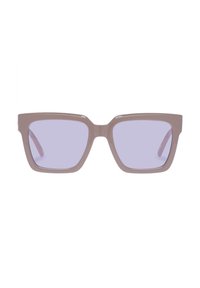 Occhiali da sole quadrati con montatura in marrone chiaro opaco e lenti viola. Il design presenta aste spesse e angoli distintivi sulle lenti.