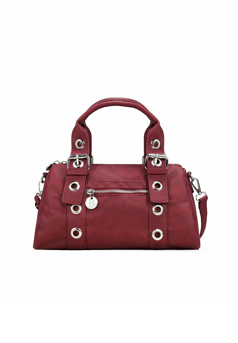 Bolso de mano de cuero sintético rojo con doble asa, herrajes plateados, bolsillo lateral con cremallera y ojales decorativos en la parte frontal y los laterales.