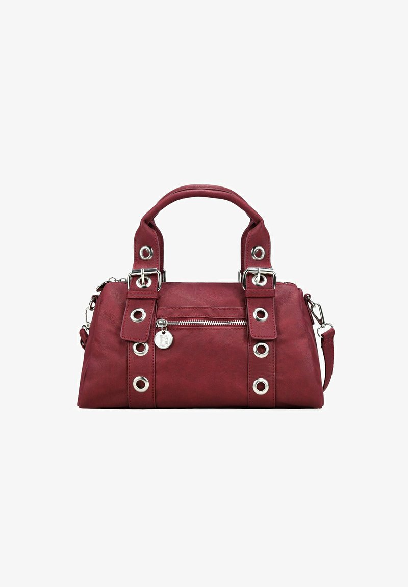 Bolso de mano de cuero sintético rojo con doble asa, herrajes plateados, bolsillo lateral con cremallera y ojales decorativos en la parte frontal y los laterales.