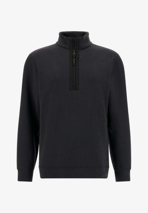Schwarzer Pullover mit hohem Kragen, halbem Reißverschluss und Seitentaschen. Glattes Material mit minimalistischer Gestaltung und ohne sichtbare Muster.