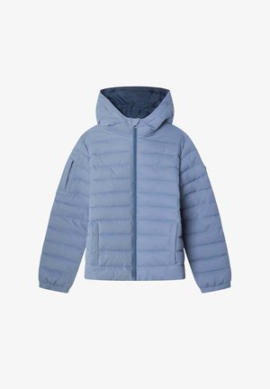 Giacca puffer azzurro chiaro con cappuccio, chiusura con zip e design a cucitura orizzontale. Presenta polsini elasticizzati e una tasca laterale.