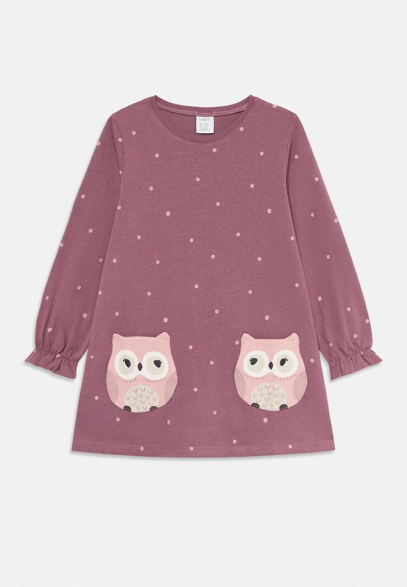 Abito viola a maniche lunghe per bambini con piccoli fiori e due tasche frontali a forma di gufo rosa.