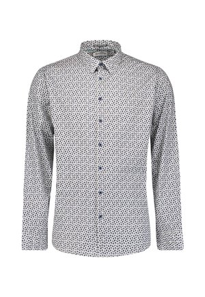 Langarmshirt met een witte basis en een geometrisch marineblauw patroon, knoopsluiting aan de voorkant, scherpe kraag en blauwe knopen.