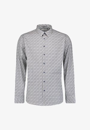 Langarmshirt met een witte basis en een geometrisch marineblauw patroon, knoopsluiting aan de voorkant, scherpe kraag en blauwe knopen.