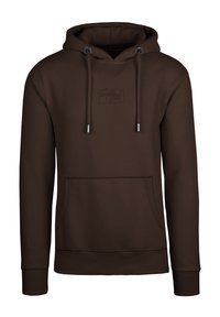 Brauner Pullover-Hoodie mit einer vorderen Kängurutasche, Zugbändern und einem dezenten, auf der Brust eingestanzten Logo. Hergestellt aus weichem Stoff.