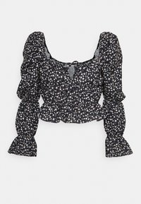 Top cropped preto com flores, com mangas bufantes, cintura ajustada e decote redondo. O tecido apresenta pequenos padrões de flores multicoloridas.