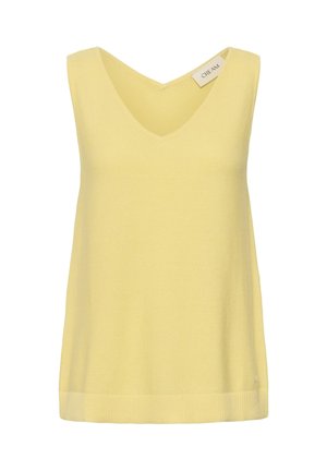 Žltý pletený top bez rukávov s výstrihom do V a rebrovaným lemom, na vnútornej strane blízko výstrihu označený nápisom "CREAM".