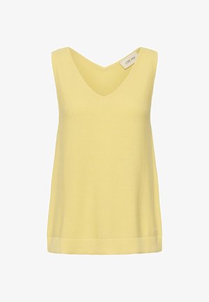 Top a maglia giallo senza maniche con scollo a V e orlo a costine, con etichetta "CREAM" all'interno vicino al collo.