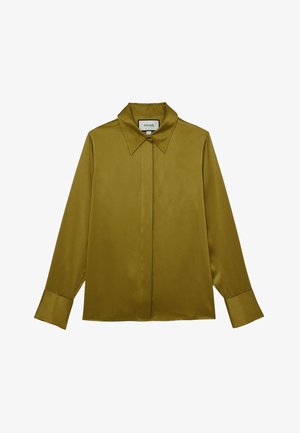 Olivengrøn satin langærmet skjorte med spids krave, skjult knaprev og brede manchetter.