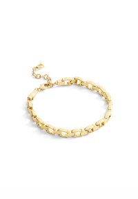 Braccialetto in oro con maglie intrecciate, superficie liscia, chiusura regolabile con estensione a catena per flessibilità nella misura.