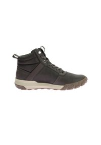 Wysokie buty outdoor w ciemnoszarym skórzano-tekstylnym wykończeniu. Posiadają teksturowane akcenty, okrągłe sznurowadła oraz trwałą gumową podeszwę z wzorami zapewniającymi przyczepność.