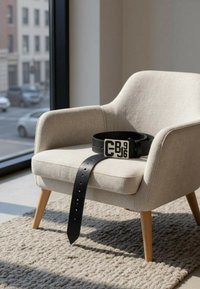 Zwarte leren riem met een zilveren gesp waarop gebosselde letters zijn te zien, rustend op een licht beige fauteuil, op een gestructureerd grijs tapijt.