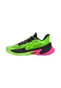 Neon groene sportschoenen met zwarte accenten, een bovenwerk van mesh en een gebogen roze buitenzool. Voorzien van een gestructureerd ontwerp en zwarte veters voor een stevige pasvorm.