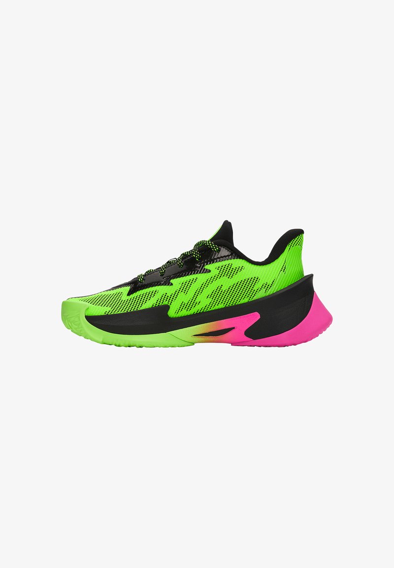 Scarpe da ginnastica verde neon con accenti neri, tomaia in mesh e suola esterna curva rosa. Presentano un design testurizzato e lacci neri per una calzata sicura.
