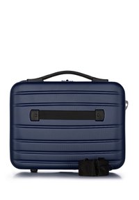 Custodia rigida blu navy con texture orizzontale, manico nero e tracolla nera rimovibile. Forma rettangolare compatta con hardware minimo.