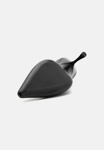 Black high-heeled shoe with a pointed toe, smooth, glossy surface, and a slim stiletto heel. Minimalist design with no additional accents.
