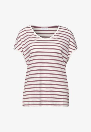 Wit T-shirt met korte mouwen, stoffig roze horizontale strepen en een ronde halslijn.