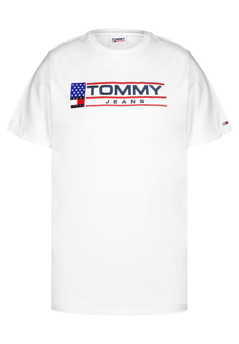 Bílý bavlněný tričko s modro-červeným logem "TOMMY JEANS" a grafikou americké vlajky, krátké rukávy a kulatý výstřih.