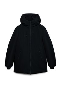 Czarna zimowa kurtka z kapturem, z suwakiem z przodu, sznurkami w kapturze oraz zapinanymi na zamek kieszeniami po bokach, prezentowana na białym tle.
