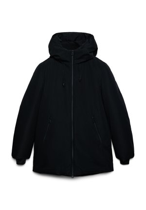 Giacca invernale nera con cappuccio, chiusura frontale con zip, cordini sul cappuccio e tasche laterali con zip, presentata su sfondo bianco.