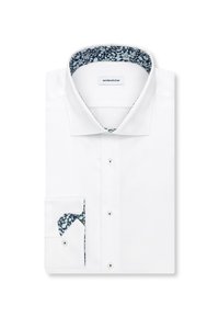 Camicia bianca con colletto strutturato, con motivo floreale blu navy all'interno del colletto e dei polsini. Rifinita con dettagli a bottoni.