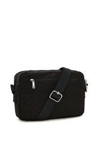 Borsa a tracolla rettangolare nera con tracolla regolabile, tasca frontale con zip e sottile motivo testurizzato sul tessuto.