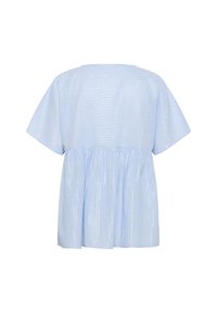 Light blue top with short sleeves, flared hem, and vertical stripes. Smooth texture with a slightly shiny finish. Relaxed fit.